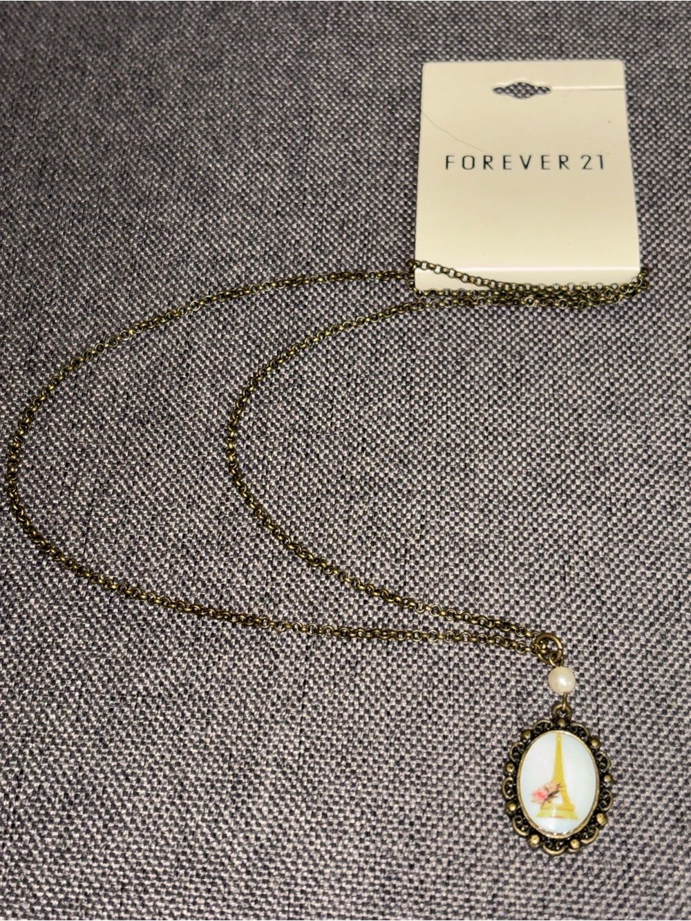 Forever 21 Antique Gold Eiffel Tower Pendant Necklace - White Accent